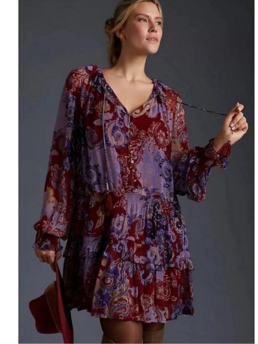 Anthropologie The Marais Printed Dress maroon purple paisley floral flowy
